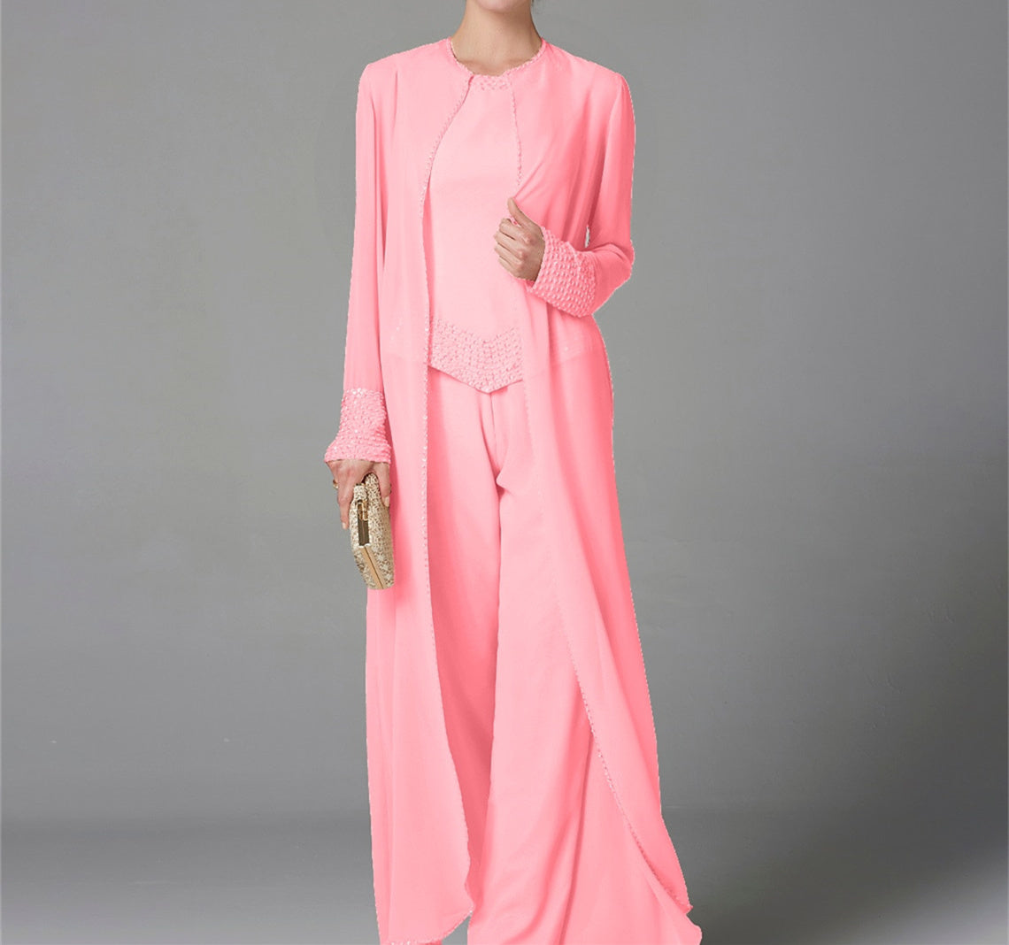 Chiffon Long Sleeves Mother Of The Bride Pantsuits With Jacket Sequins