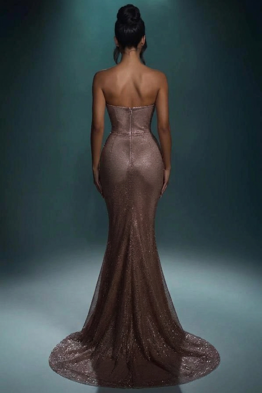 Brown Bronze One Shoulder Sleeveless Mermaid Sequined Beaded Floor Formal Evening Gown