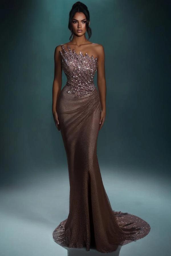 Brown Bronze One Shoulder Sleeveless Mermaid Sequined Beaded Floor Formal Evening Gown