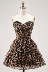 Brown Cheetah Print Tiered A Line Short Corset Homecoming Dress