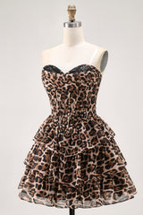 Brown Cheetah Print Tiered A Line Short Corset Homecoming Dress