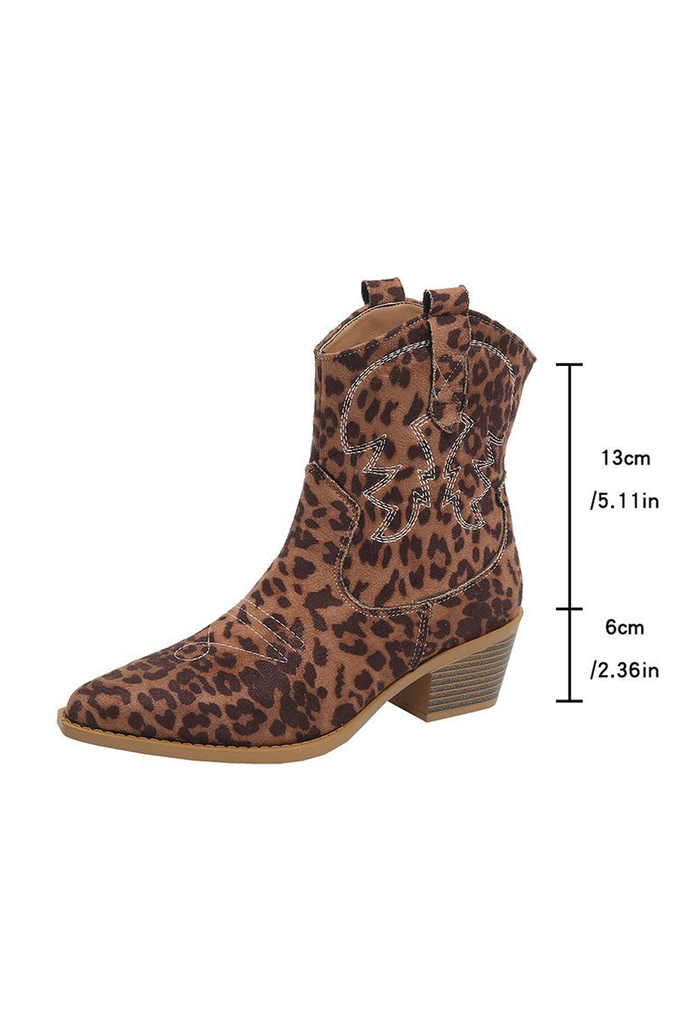Brown Leopard Pointed Toe Chunky Heel Embroidered Cowgirl Ankle Boots
