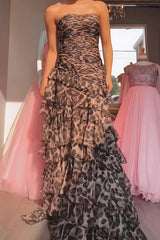 Brown Leopard Strapless Sweetheart Rhinestone Beading Tiered Ruffle Chiffon A-Line Prom Dress Floor Length