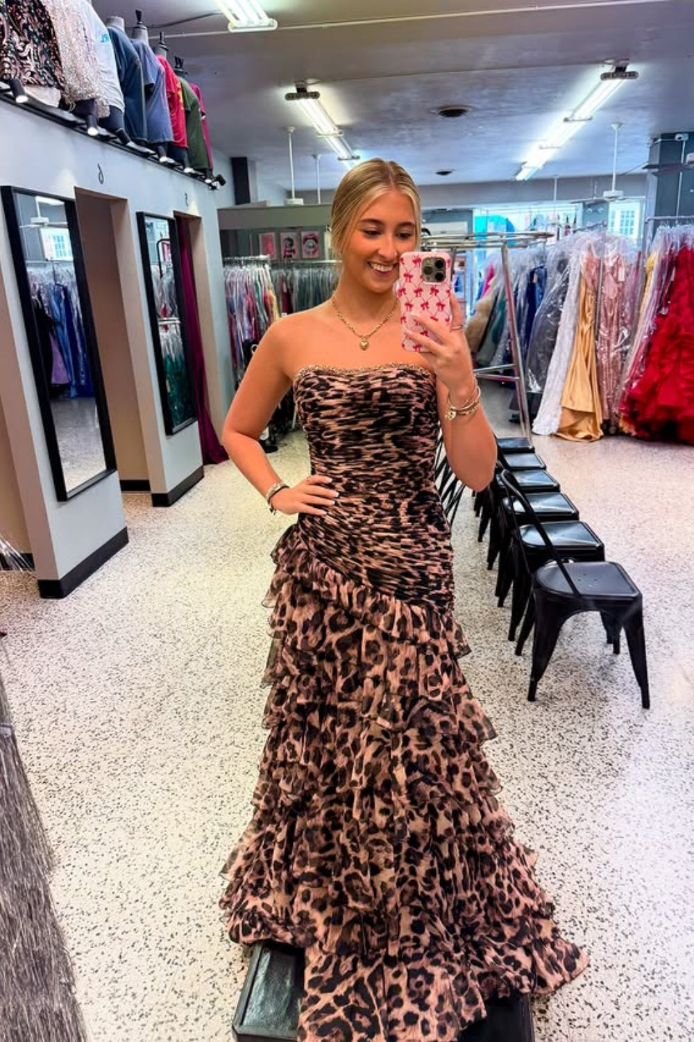 Brown Leopard Strapless Sweetheart Rhinestone Beading Tiered Ruffle Chiffon A-Line Prom Dress Floor Length