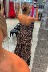 Brown Leopard Strapless Sweetheart Rhinestone Beading Tiered Ruffle Chiffon A-Line Prom Dress Floor Length