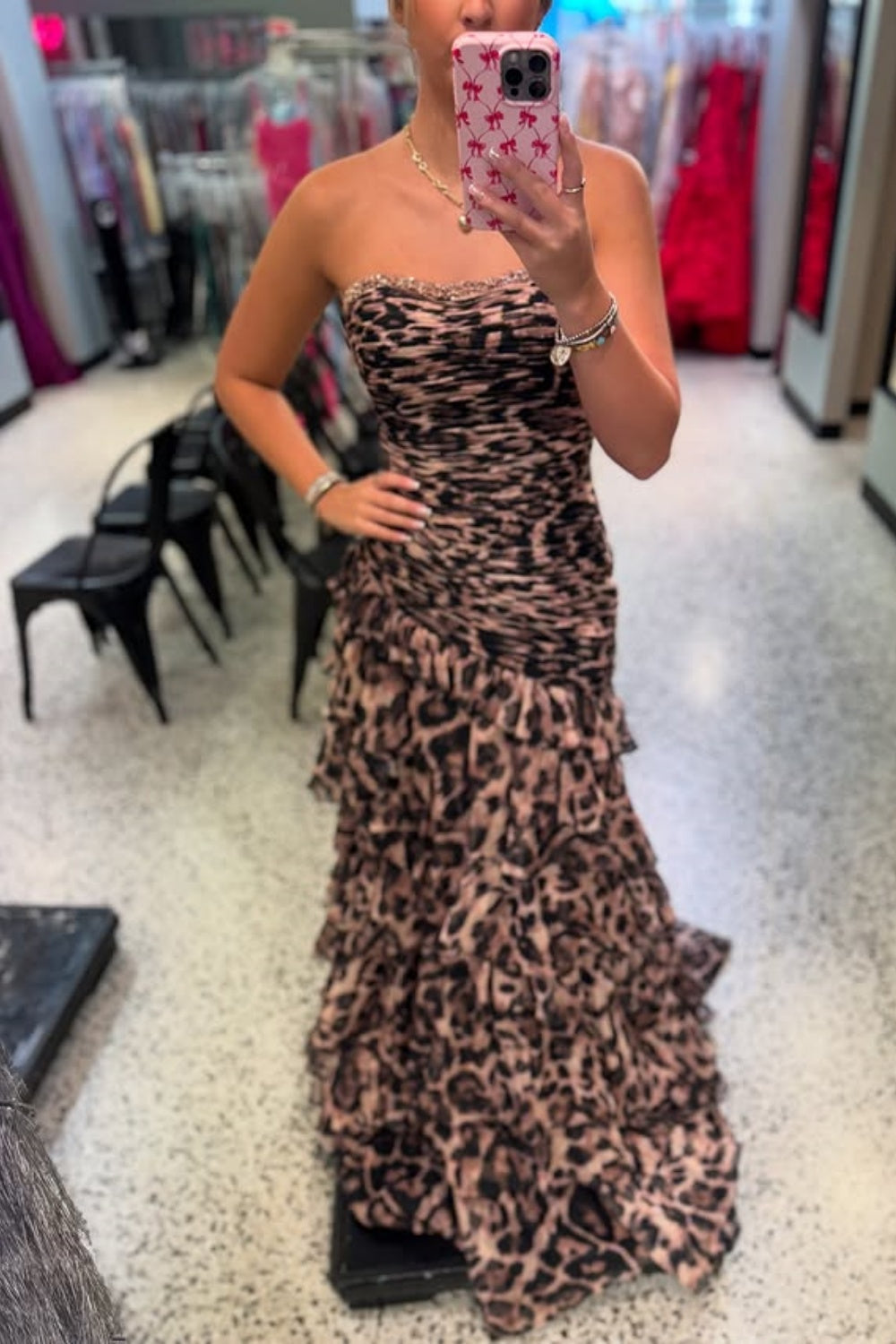 Brown Leopard Strapless Sweetheart Rhinestone Beading Tiered Ruffle Chiffon A-Line Prom Dress Floor Length