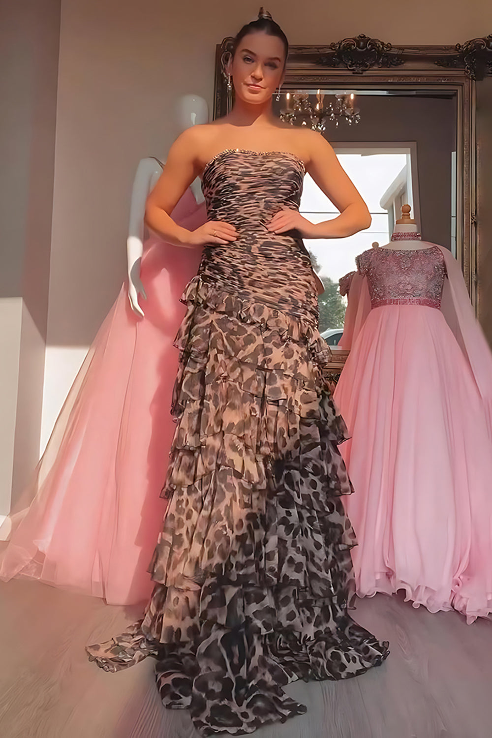 Brown Leopard Strapless Sweetheart Rhinestone Beading Tiered Ruffle Chiffon A-Line Prom Dress Floor Length
