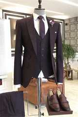 Brown Slim Fit Peaked Lapel Three-Piece Business Suit
