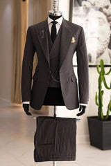 Brown Striped Slim Fit Peaked Lapel Three-Piece Business Suit