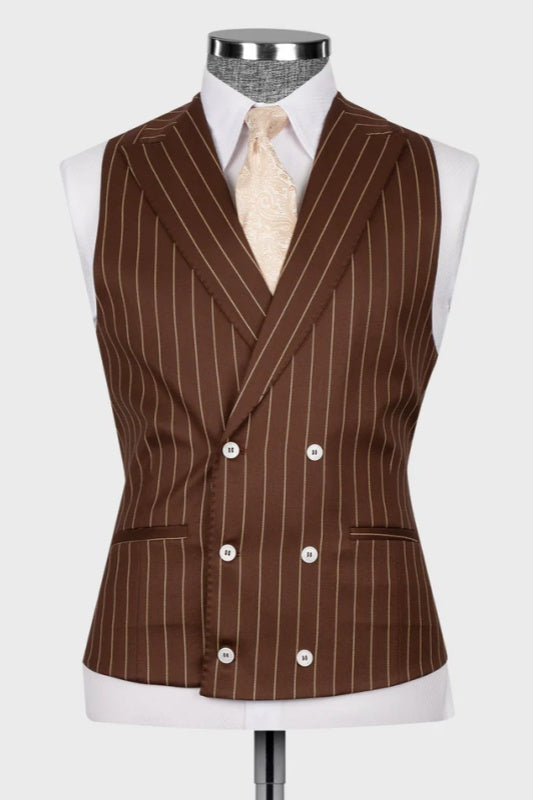 Brown Striped Three-Piece Peaked Lapel Business Men's Suit