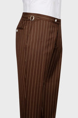 Brown Striped Three-Piece Peaked Lapel Business Men's Suit