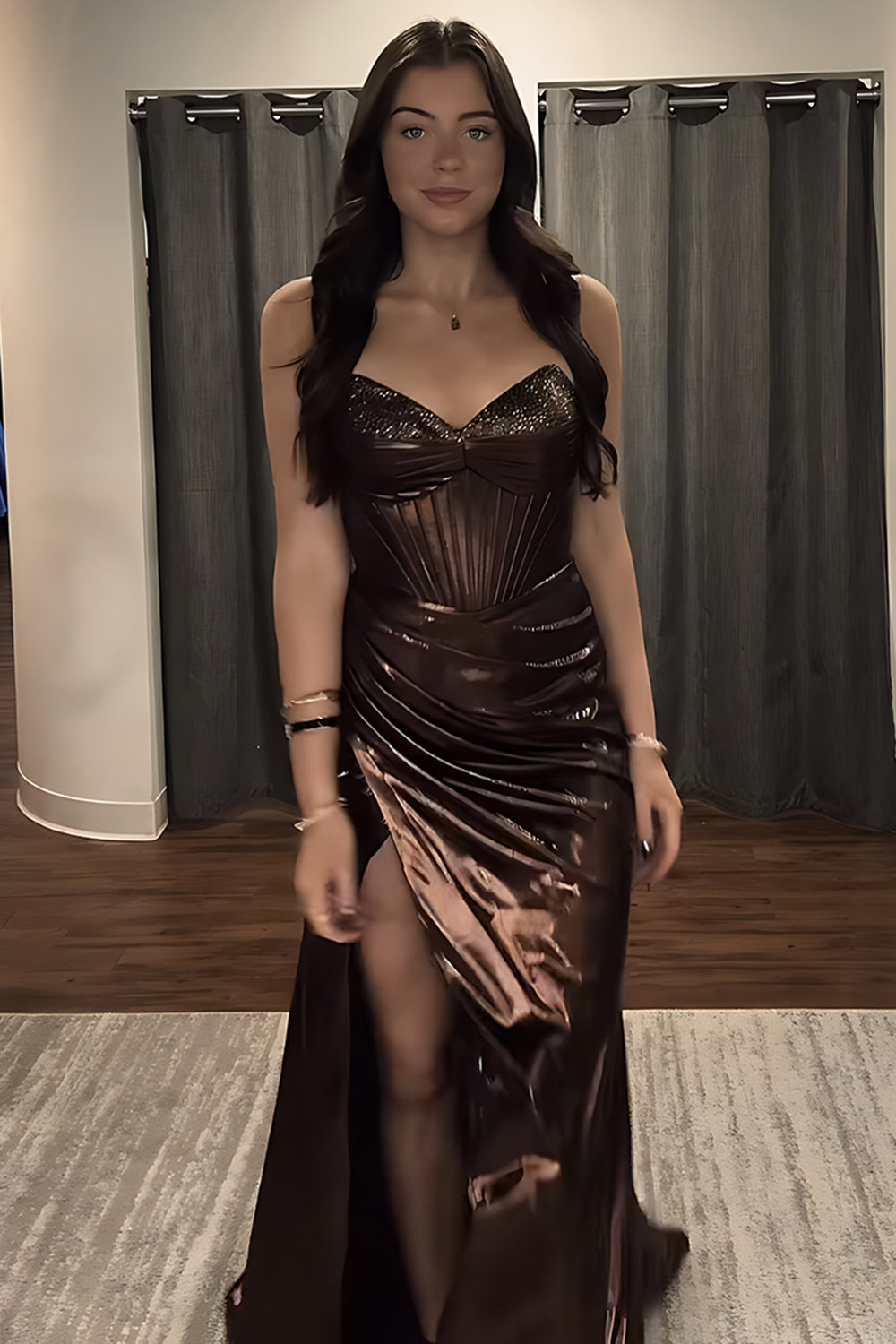 Brown Sweetheart Rhinestone Beading Illusion Corset Metallic Mermaid Prom Dress Side Slit Floor Length
