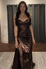 Brown Sweetheart Rhinestone Beading Illusion Corset Metallic Mermaid Prom Dress Side Slit Floor Length