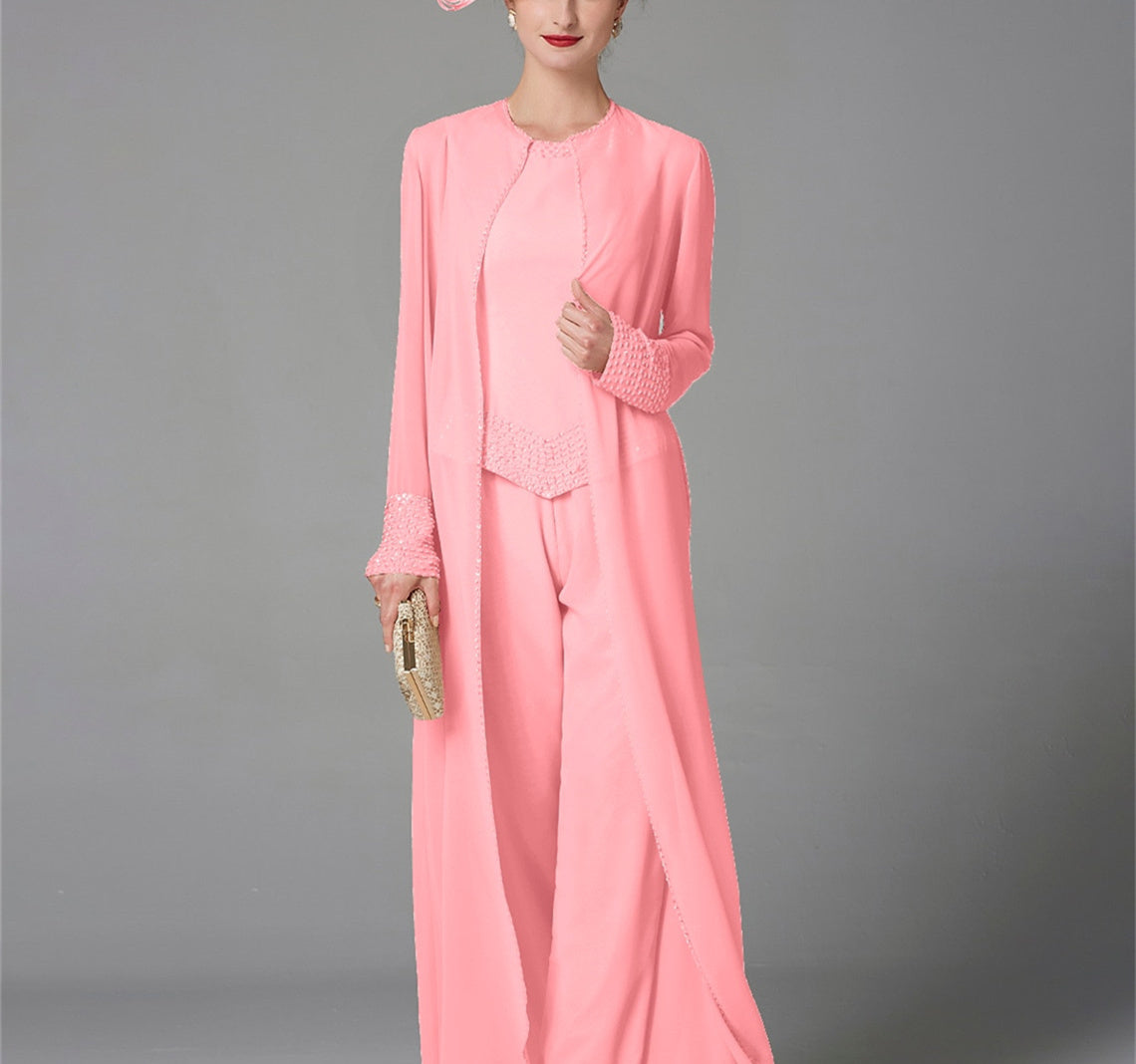 Chiffon Long Sleeves Mother Of The Bride Pantsuits With Jacket Sequins