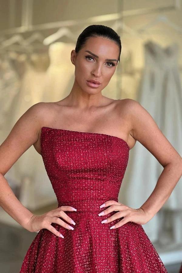 Burgundy Glitter Sequin Strapless Corset Cocktail Dress Straight Neck Boned Bodice A-Line Tea Length Formal Party Gown