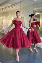 Burgundy Glitter Sequin Strapless Corset Cocktail Dress Straight Neck Boned Bodice A-Line Tea Length Formal Party Gown