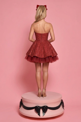 Burgundy Glitter Strapless Corset Mini Dress Straight Neck Tiered Tulle Skirt Homecoming Party Gown