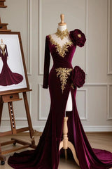 Burgundy High Neck Long Sleeve Floral Applique Mermaid Velvet Floor Formal Evening Gown