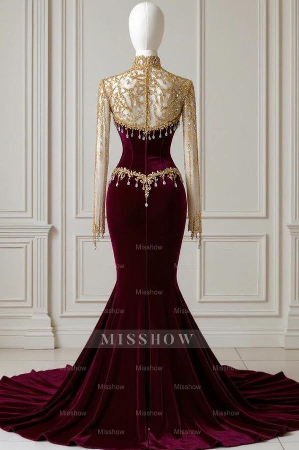 Burgundy High Neck Long Sleeve Mermaid Beaded Velvet Floor Length Formal Evening Gown