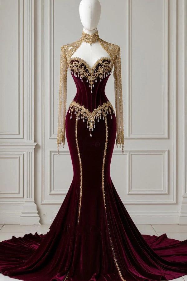 Burgundy High Neck Long Sleeve Mermaid Beaded Velvet Floor Length Formal Evening Gown