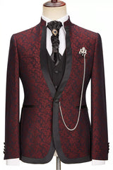 Burgundy Jacquard Stylish One Button 3-Piece Wedding Suit with Unique Lapel