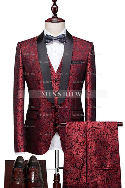 Burgundy Jacquard Three-Piece Shawl Collar Wedding Suit