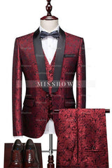 Burgundy Jacquard Three-Piece Shawl Collar Wedding Suit