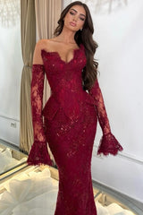 Burgundy Lace Sequin Off-the-Shoulder Mermaid Evening Dress Peplum Waist Long Sleeve Gloves Formal Gown with Train
