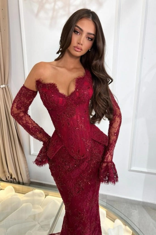 Burgundy Lace Sequin Off-the-Shoulder Mermaid Evening Dress Peplum Waist Long Sleeve Gloves Formal Gown with Train