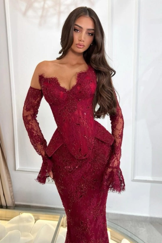 Burgundy Lace Sequin Off-the-Shoulder Mermaid Evening Dress Peplum Waist Long Sleeve Gloves Formal Gown with Train