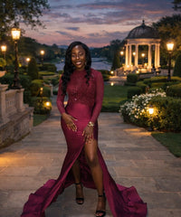Burgundy Mermaid Prom Dress High Neck Long Sleeve Sheer Illusion 3D Lace Floral Vine Scroll Crystal Applique Open Back High Split Cathedral Train Gown