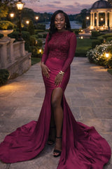 Burgundy Mermaid Prom Dress High Neck Long Sleeve Sheer Illusion 3D Lace Floral Vine Scroll Crystal Applique Open Back High Split Cathedral Train Gown