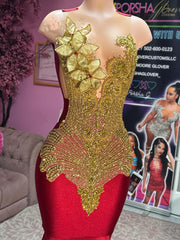 Red v-neck rhinestone mermaid prom dress