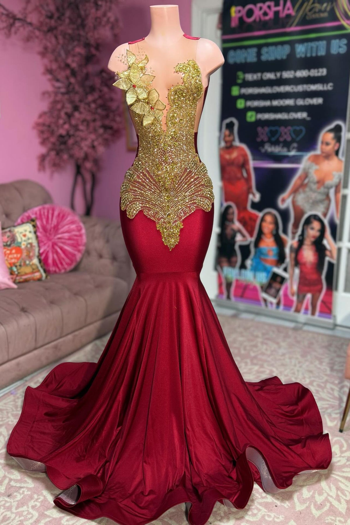 Red v-neck rhinestone mermaid prom dress