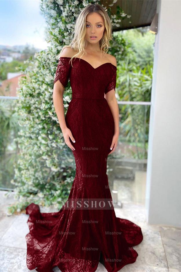 Burgundy Off-the-Shoulder Short Sleeve Mermaid Lace Applique Floor Formal Evening Gown