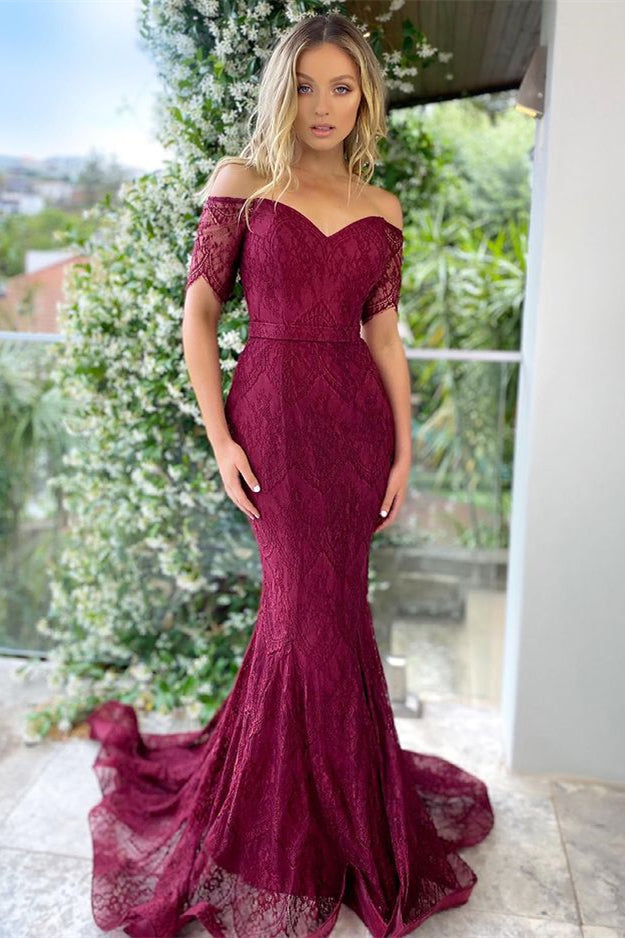 Burgundy Off-the-Shoulder Short Sleeve Mermaid Lace Applique Floor Formal Evening Gown