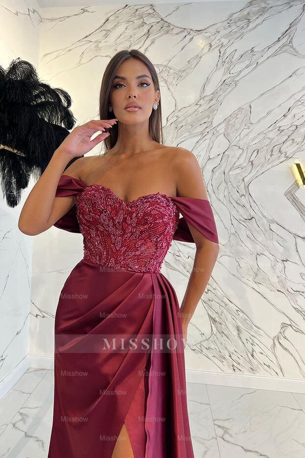 Burgundy Off-the-Shoulder Sleeveless A-Line Satin Beaded Appliques Formal Evening Gown