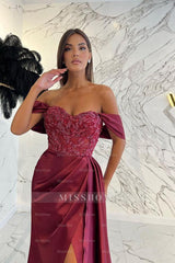 Burgundy Off-the-Shoulder Sleeveless A-Line Satin Beaded Appliques Formal Evening Gown