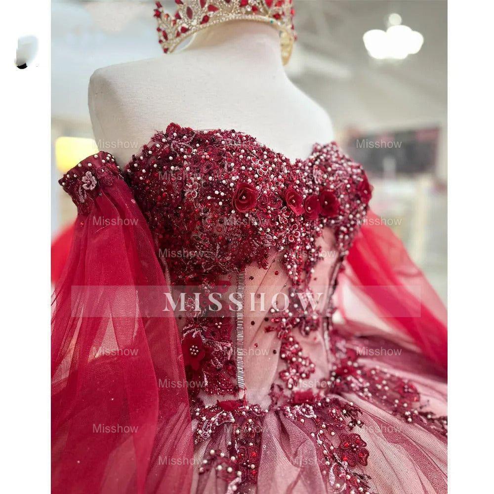 Burgundy Off-the-Shoulder Sleeveless Beaded Floral Applique Ball Gown Quinceanera Dress