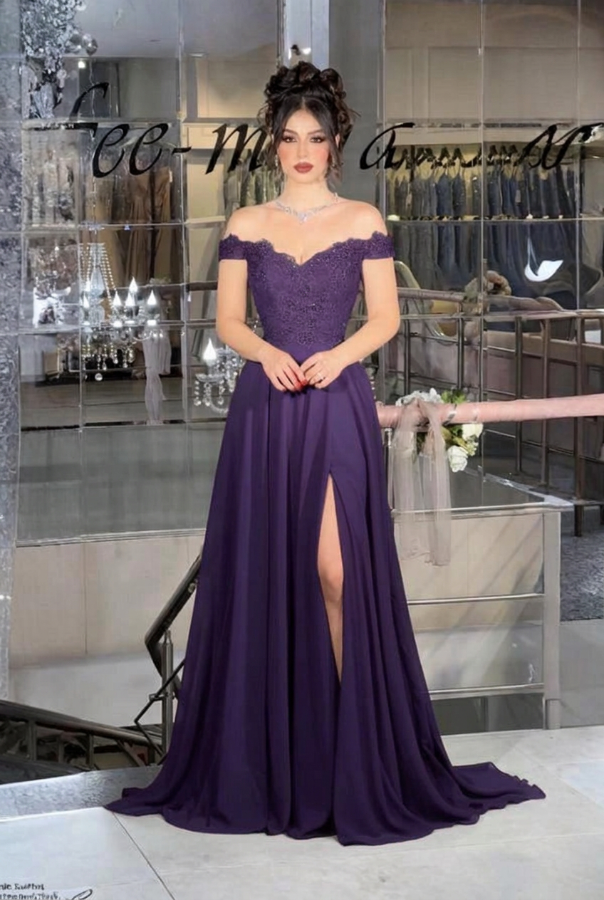 Regency off-the-shoulder lace A-line evening dress