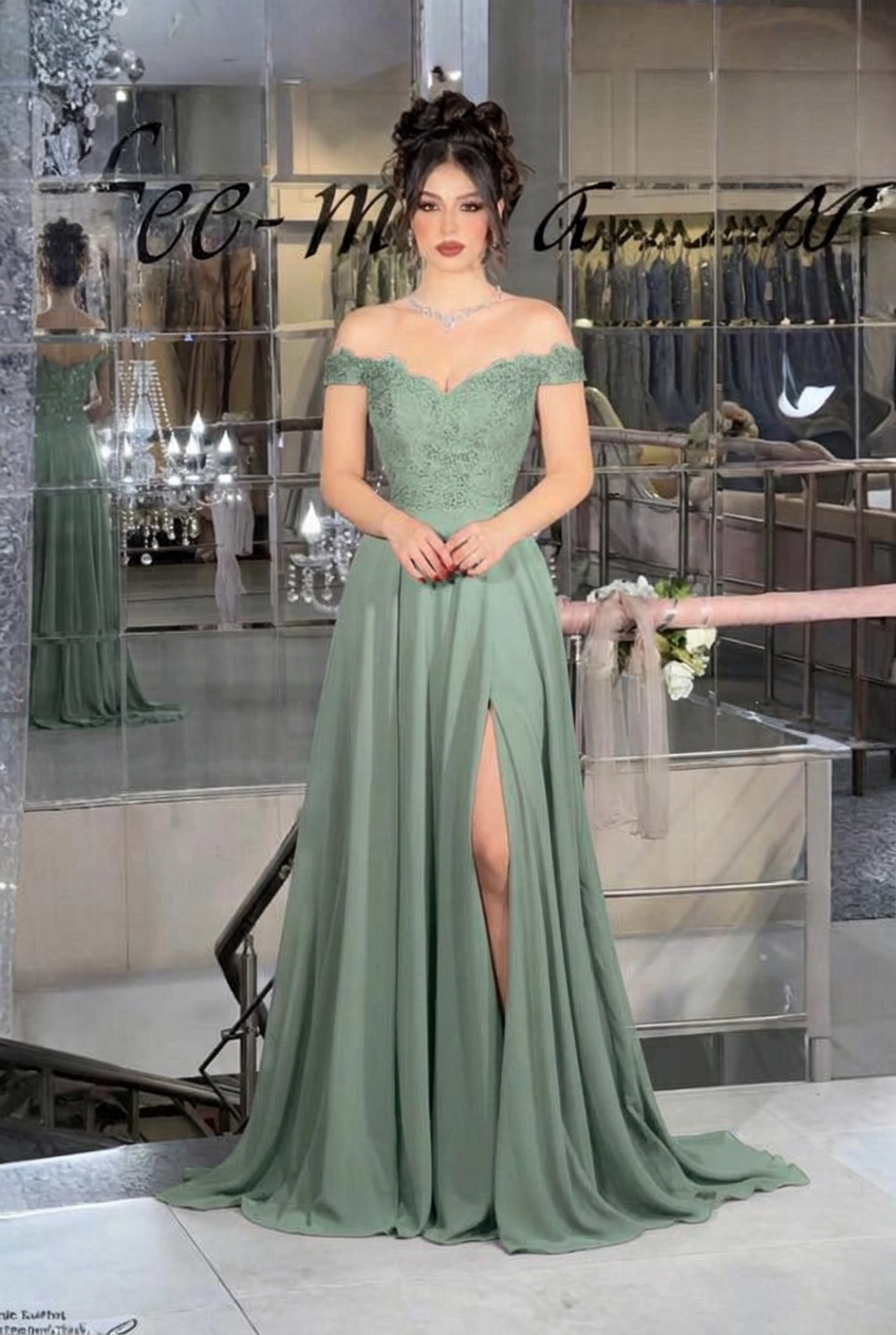 Dusty sage off-the-shoulder lace A-line evening dress