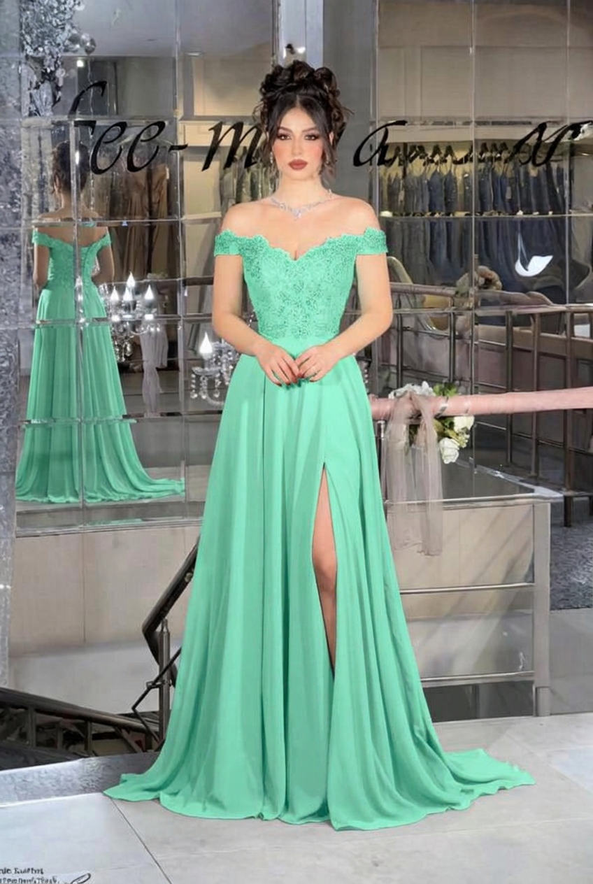 Mint green off-the-shoulder lace A-line evening dress