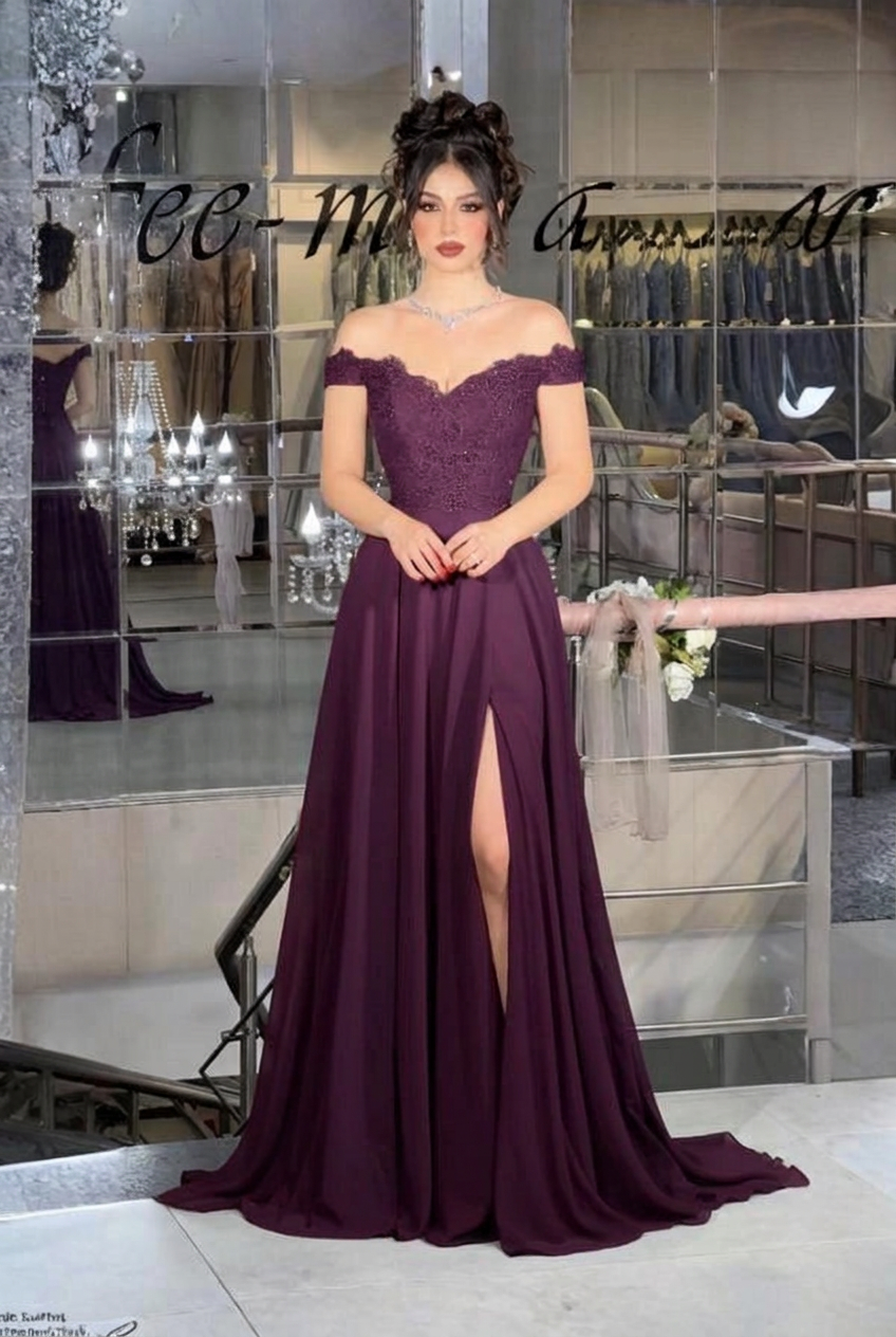 Grape off-the-shoulder lace A-line evening dress