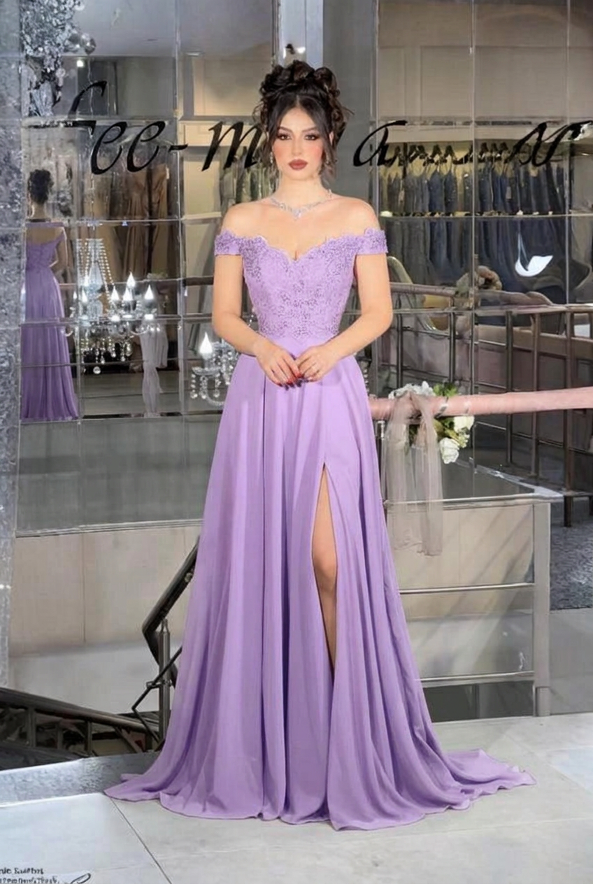 Lavender off-the-shoulder lace A-line evening dress
