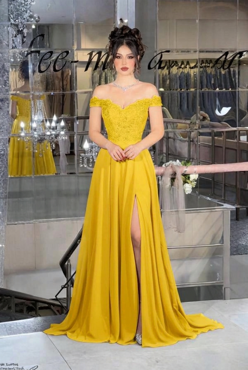 Yellow off-the-shoulder lace A-line evening dress