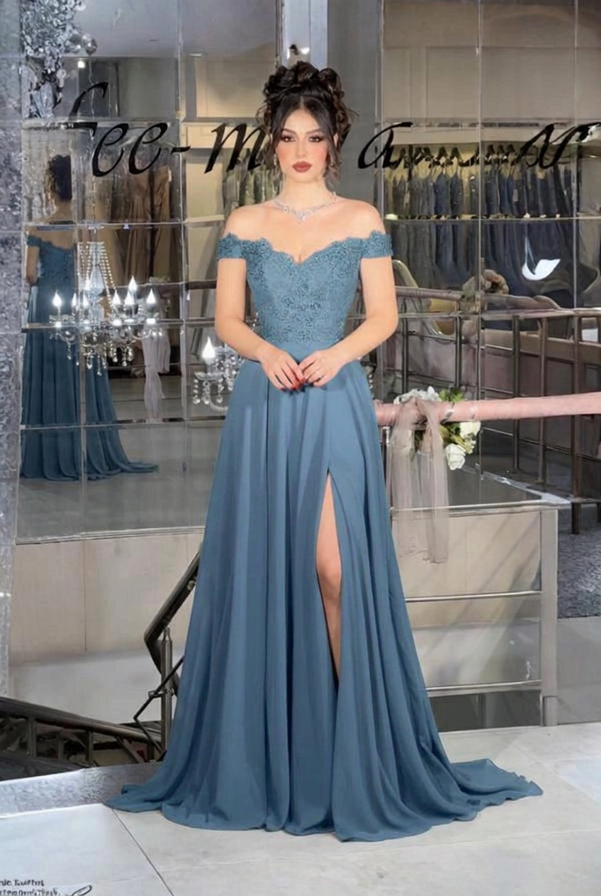 Dusty blue off-the-shoulder lace A-line evening dress