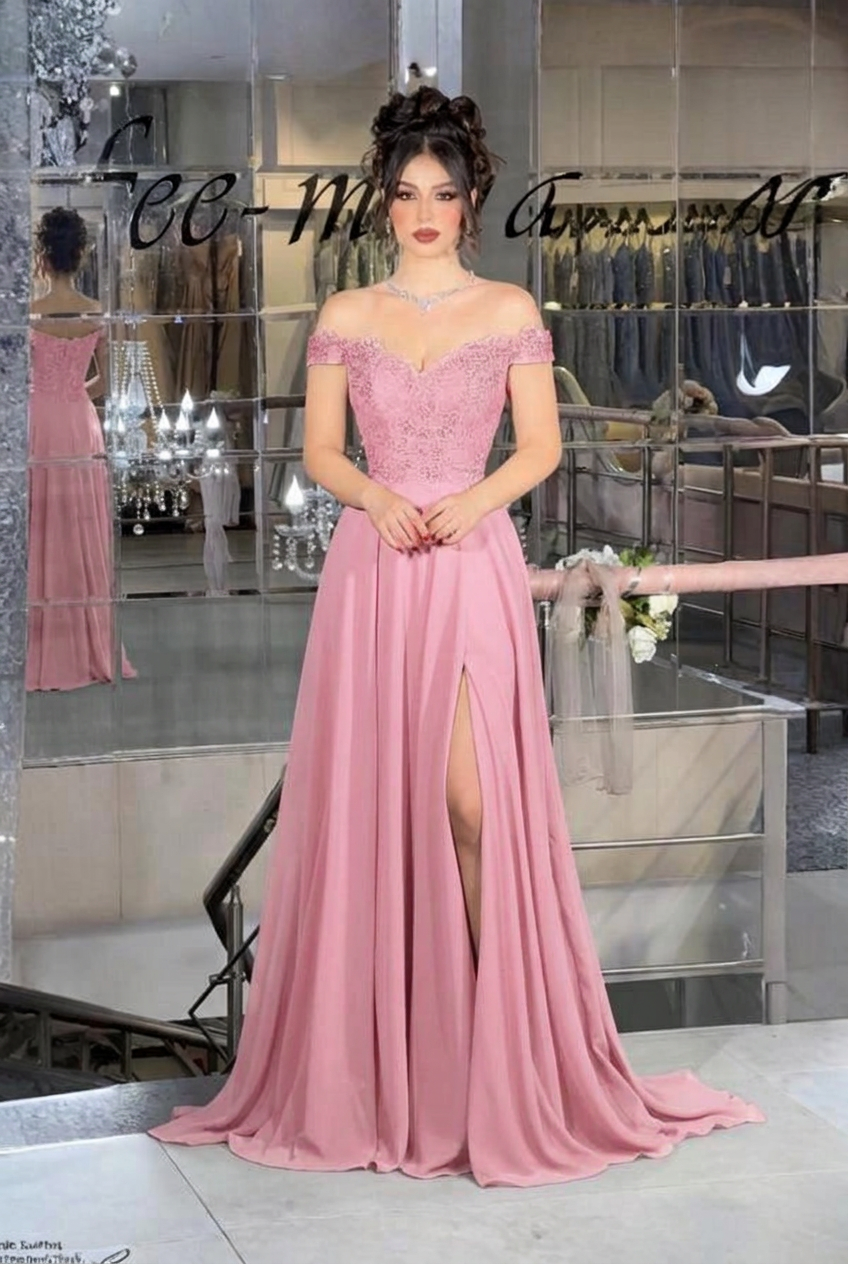 Candy pink off-the-shoulder lace A-line evening dress