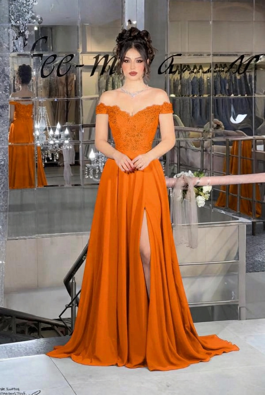 Orange off-the-shoulder lace A-line evening dress