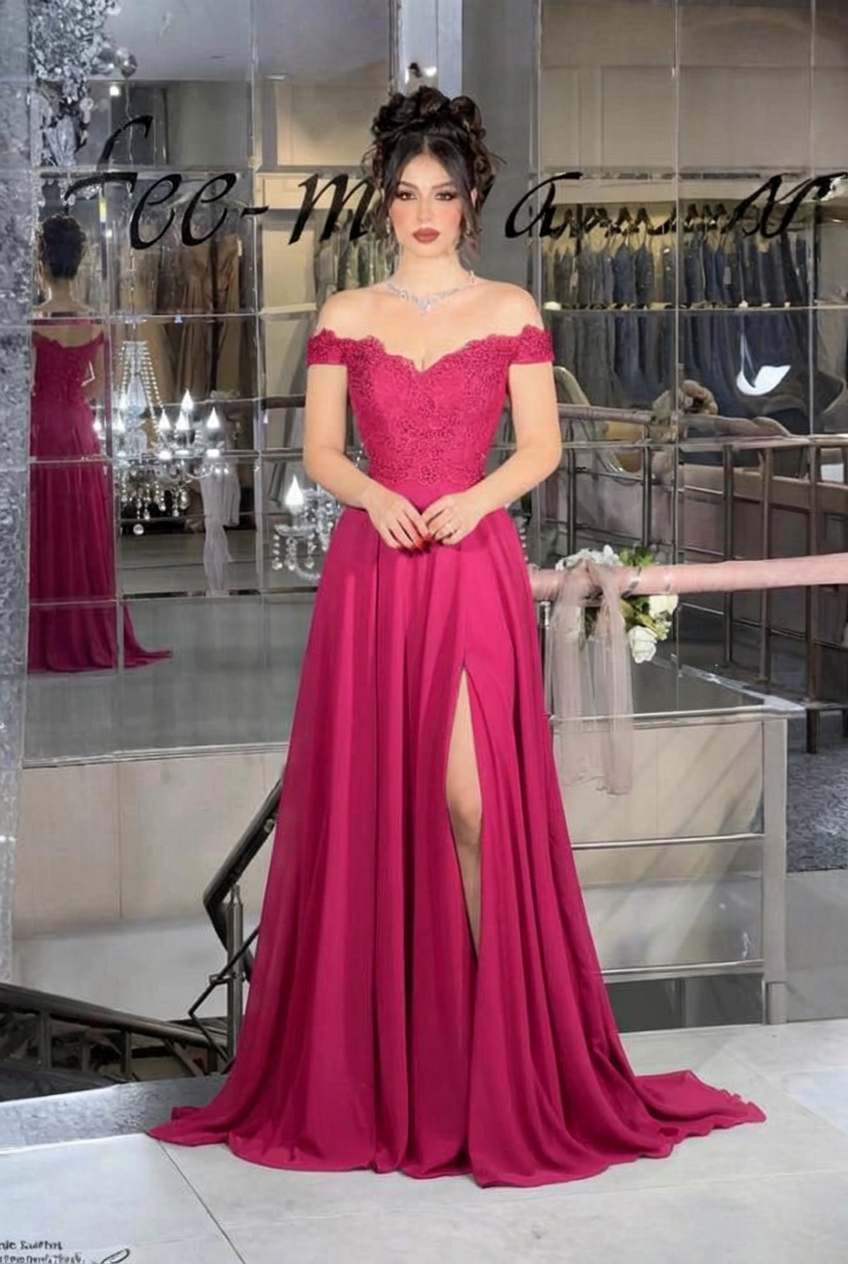 Fuchsia off-the-shoulder lace A-line evening dress
