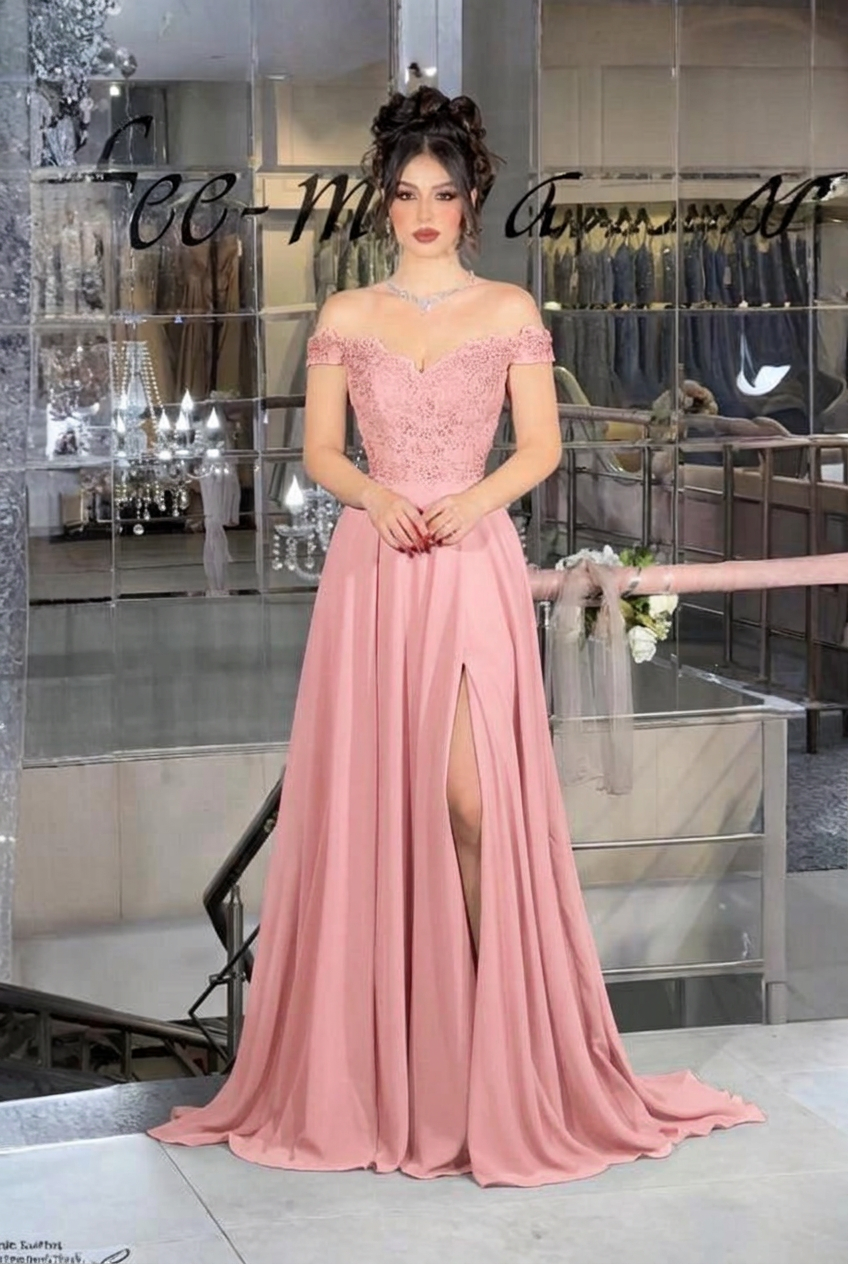 Blushing pink off-the-shoulder lace A-line evening dress